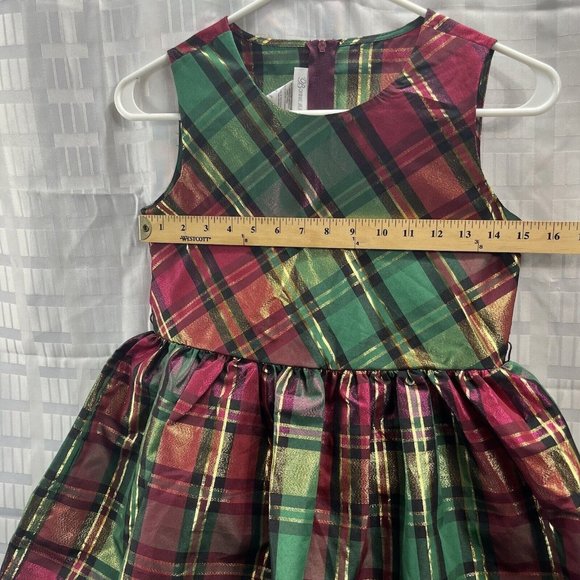 Bonnie Jean Girls Gold/Green/Red Metallic Plaid Dress Size 14 - Picture 3 of 13